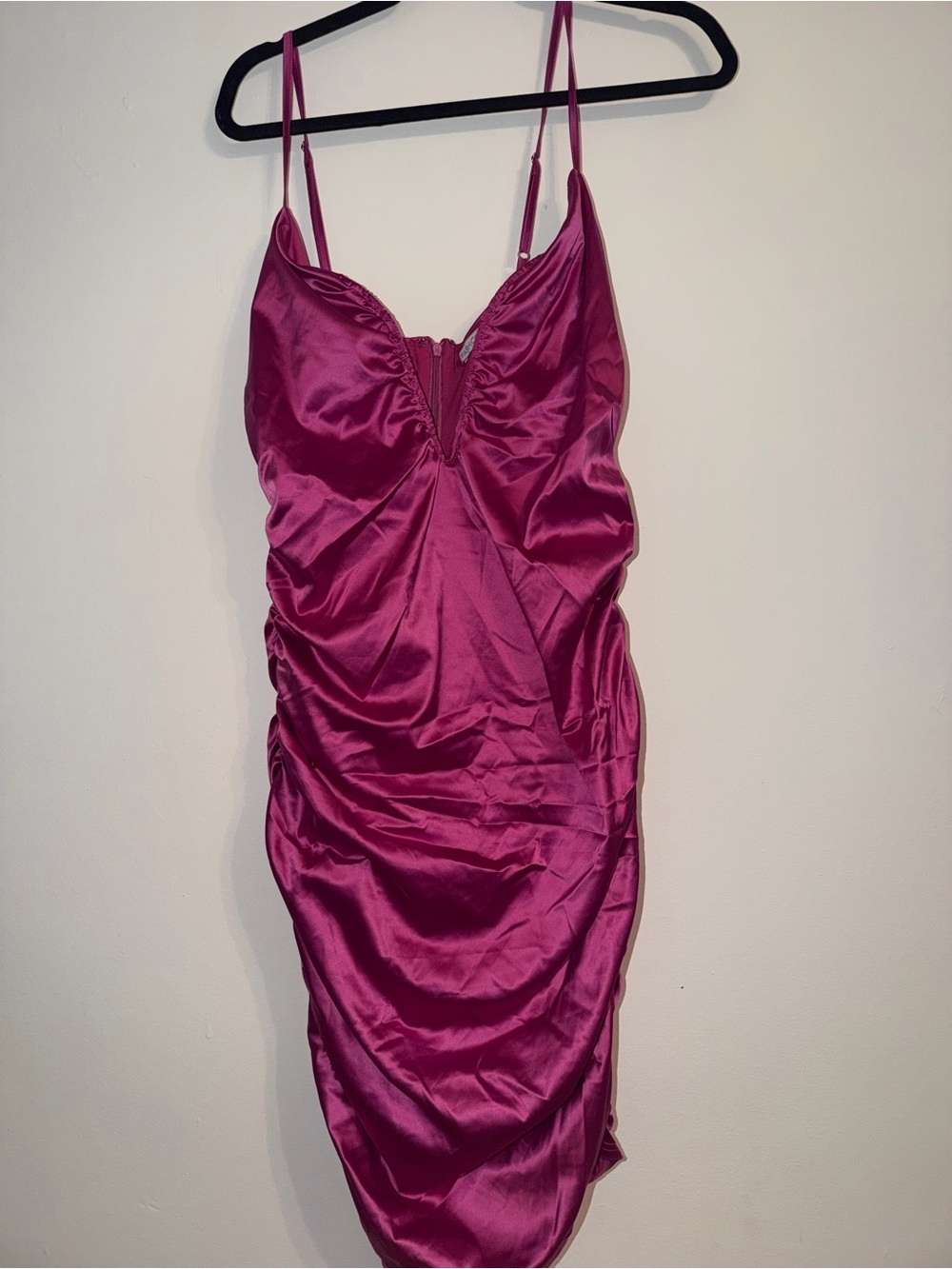 Fashion Nova Magenta Satin Ruched Midi Slip Dress